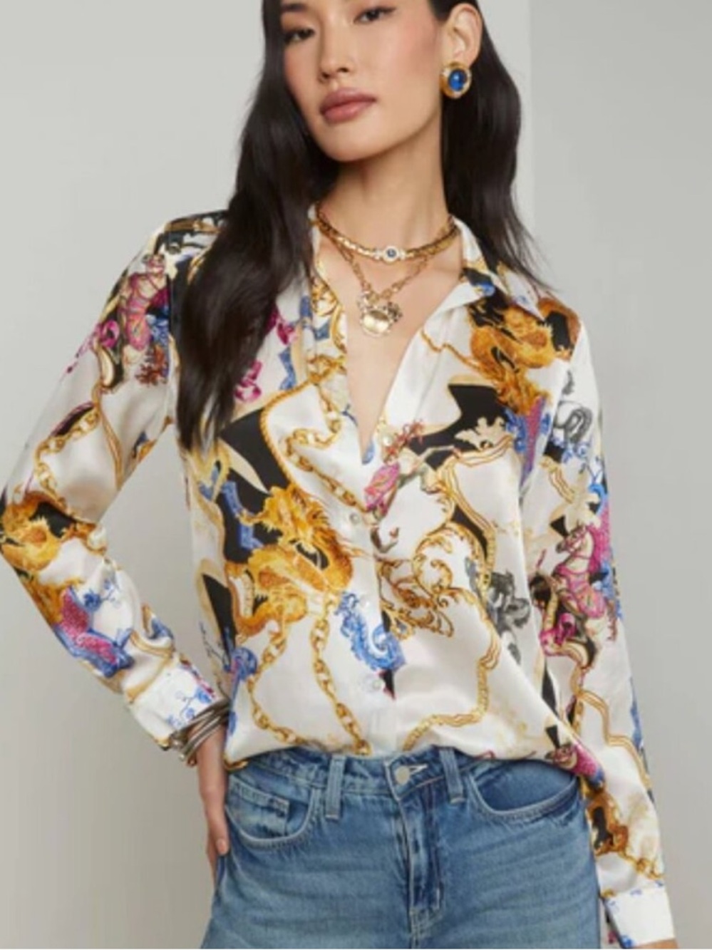 L’Agence Tyler Fantasy Long Sleeve Button Blouse in White, Black, & Renaissance - Picture 4 of 12